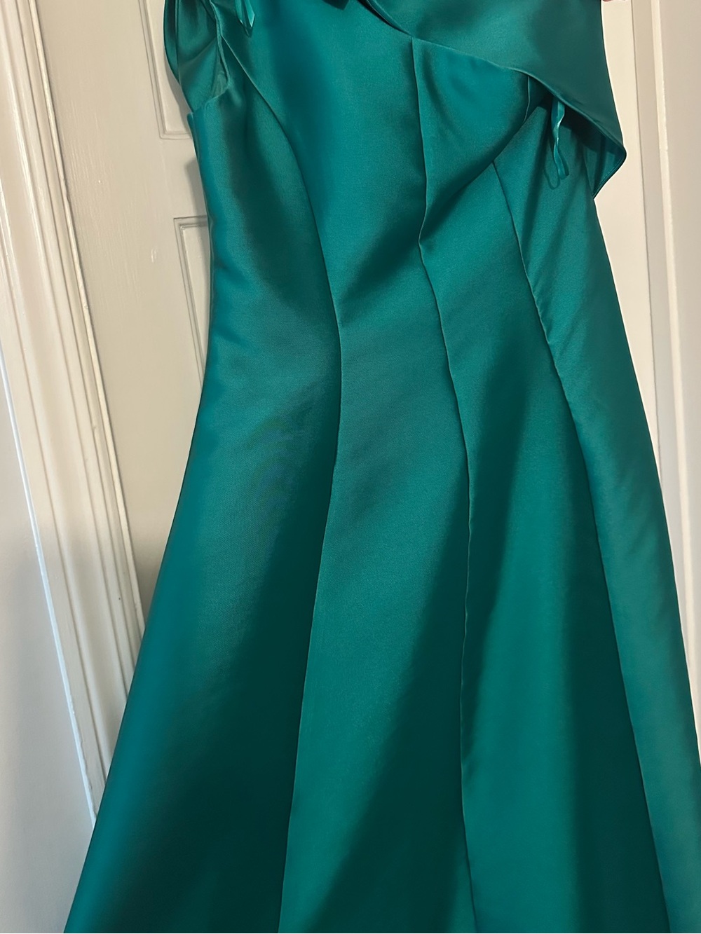 Aqua Emerald One-Shoulder Satin Gown with Shoulder Bow - Picture 4 of 6